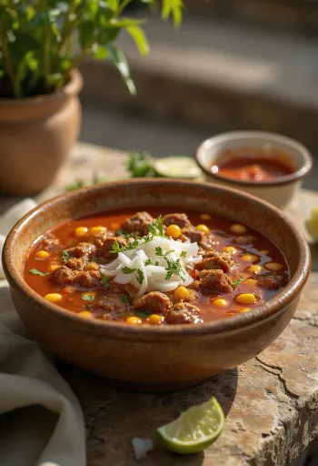 Pozole de res tálalva marhahússal, fehér kukoricával, lime-mal, tejföllel és friss korianderrel