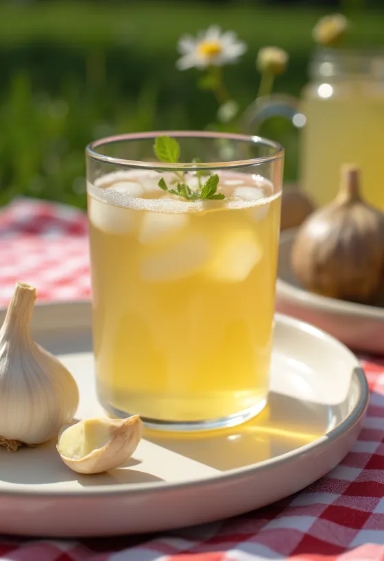 Zöld tea-fokhagymás kombucha ital átlátszó pohárban, halvány sárgás színű fermentált tea