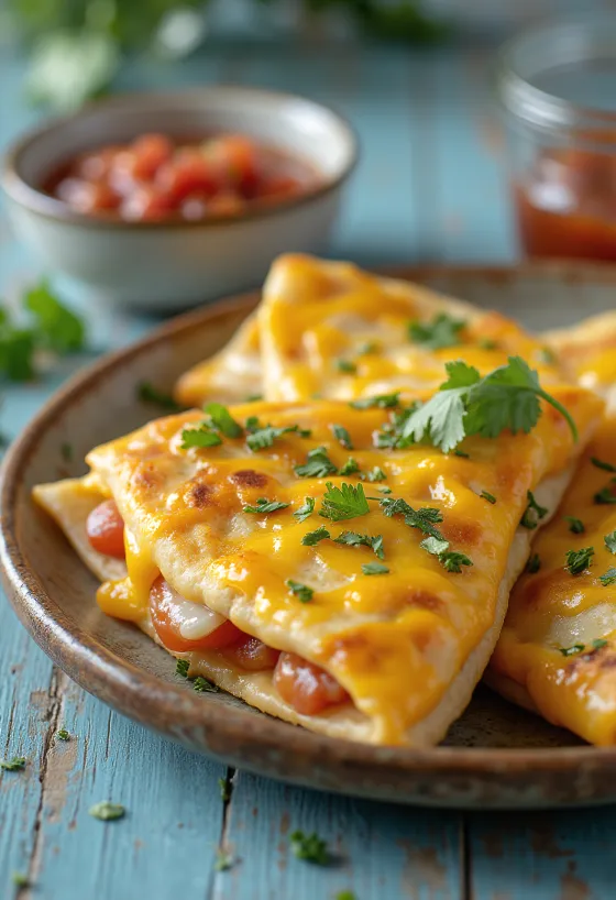 Quesadilla sajttal, frissen pirítva, korianderrel díszítve