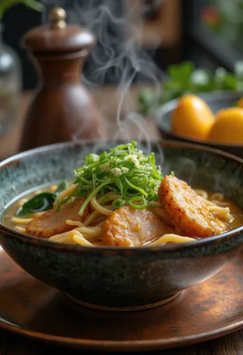 Ramen tészta sült kolbásszal, tojással és zöldségekkel tálalva