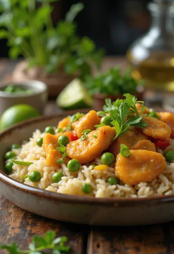 Saltfish rizs és borsó körettel, egy karibi étel gazdag zöldségekkel és halas rizzsel