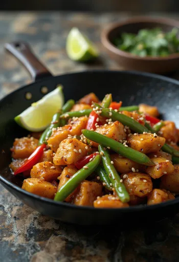 Seitan stir-fry zöldségekkel, gazdag szójaszószos ízekkel és roppanós zöldségekkel tálalva
