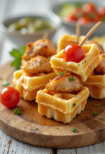 Sós gofri nyárs grillezett csirkével és paradicsommal