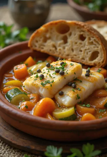 Klasszikus tagine halakkal, gazdag zöldségekkel tálalva, friss fűszerekkel