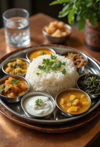 Thali Andhra Bhojanam módra, fűszeres zöldségekkel és rizses étkezés joghurttal