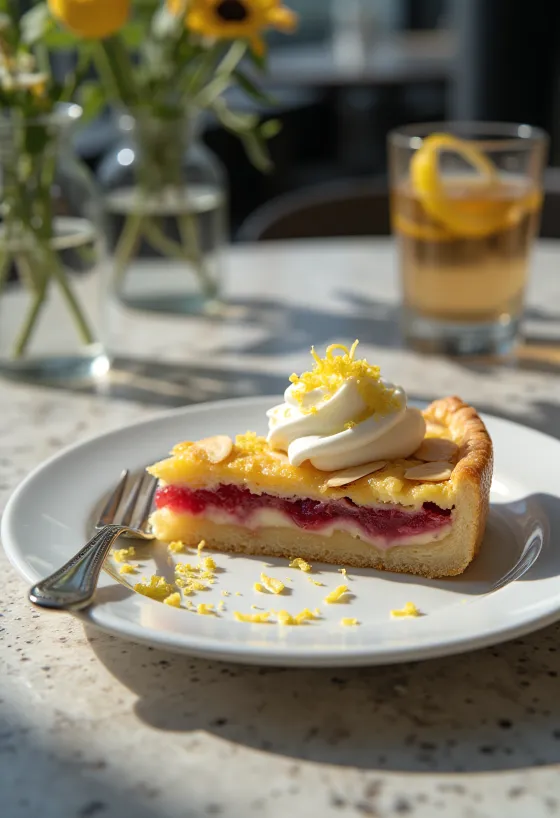Bakewell tart citromkrémmel, mandulás töltelékkel és lekvárral