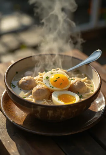 Bakso tojással, gazdag kókusztejes leves, friss korianderrel és főtt tojással tálalva.
