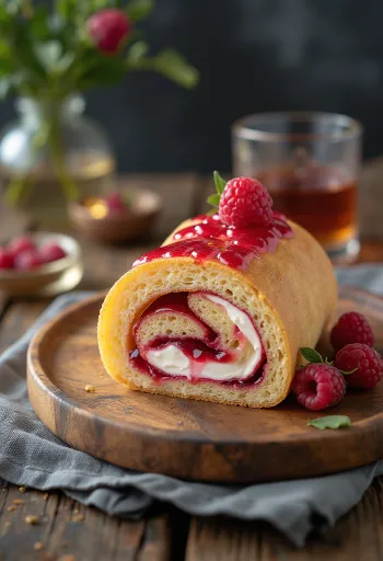 Bolo de rolo likőrrel, málnaöntettel, porcukorral díszítve