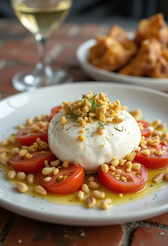Burrata pirított fenyőmaggal, friss paradicsommal és salátával tálalva.