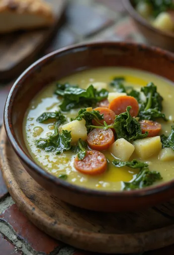 Caldo Verde leves kolbásszal tálalva