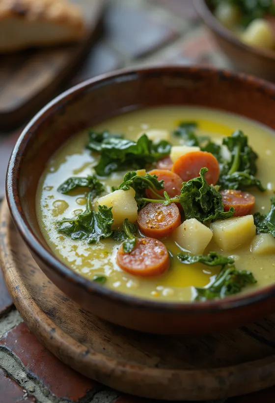 Caldo Verde leves kolbásszal tálalva