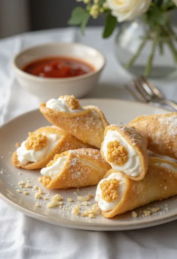 Cannoli mandulával megszórva, töltve ricottás krémmel és pirított mandulával díszítve