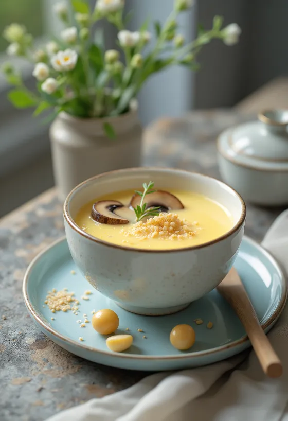 Chawanmushi gingko dióval tálalva, gőzölt tojásos étel