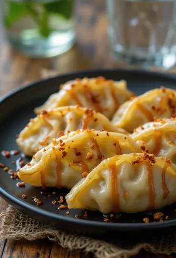 Cheese Gyoza tálalva olvadt sajttal töltve, szójaszószos mártogatóval