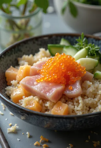 Chirashi tál ikrával és friss zöldségekkel tálalva