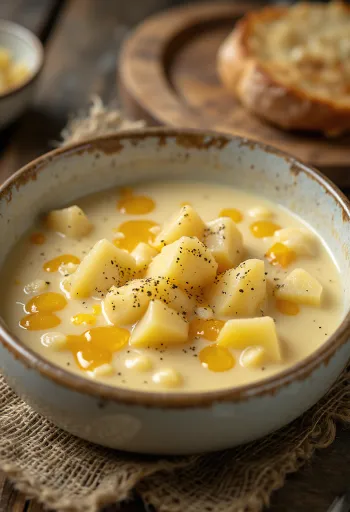 Krémes sajtos chowder tálalva, gazdag, ínycsiklandó megjelenésben