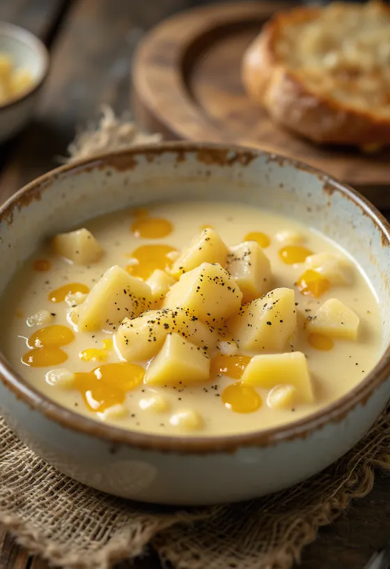 Krémes sajtos chowder tálalva, gazdag, ínycsiklandó megjelenésben
