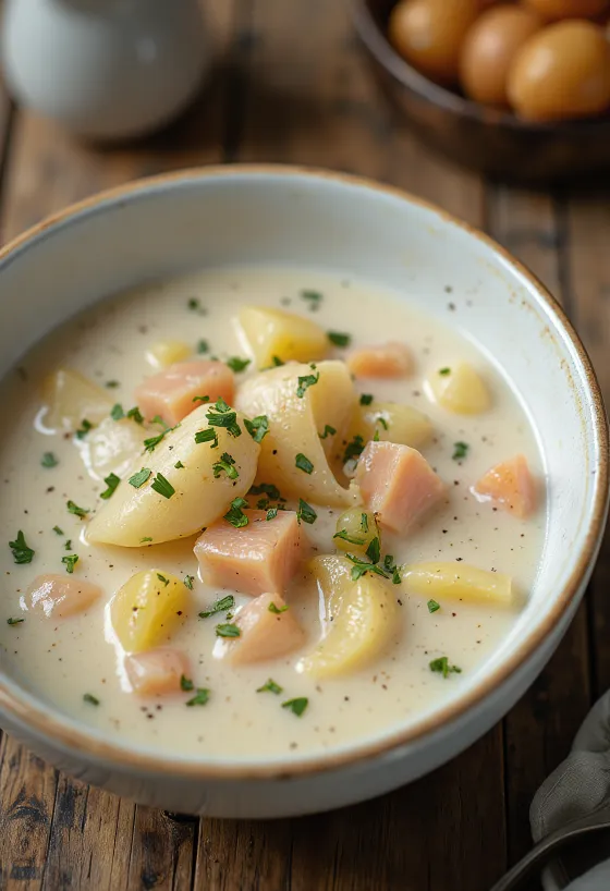 Cullen skink, gazdag füstölt hallal és petrezselyemmel díszítve, melegen tálalva