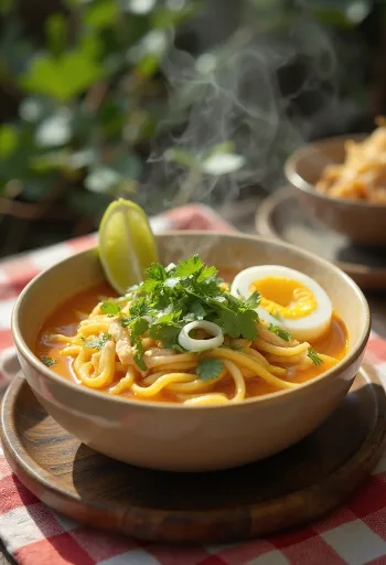 Curry laksa, fűszeres kókusz alapú leves csirke, tészta és friss zöldségekkel tálalva.