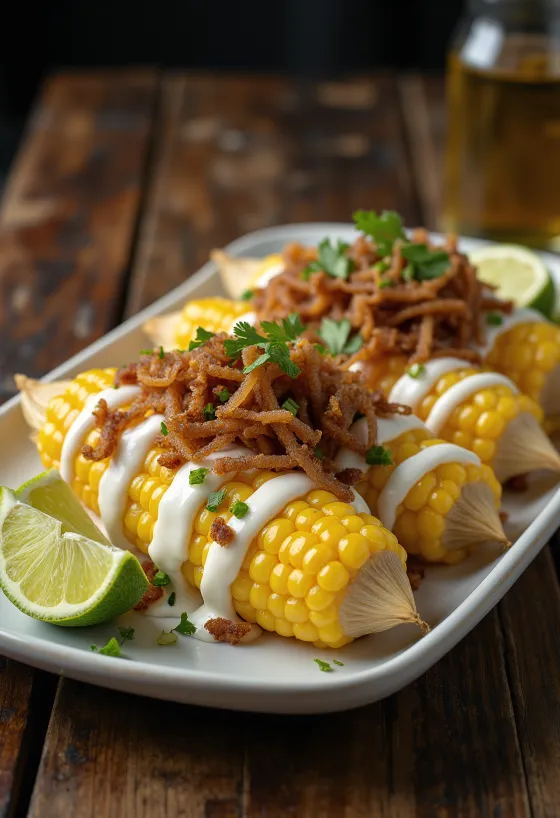 Elote pirított hagymával, friss korianderrel tálalva
