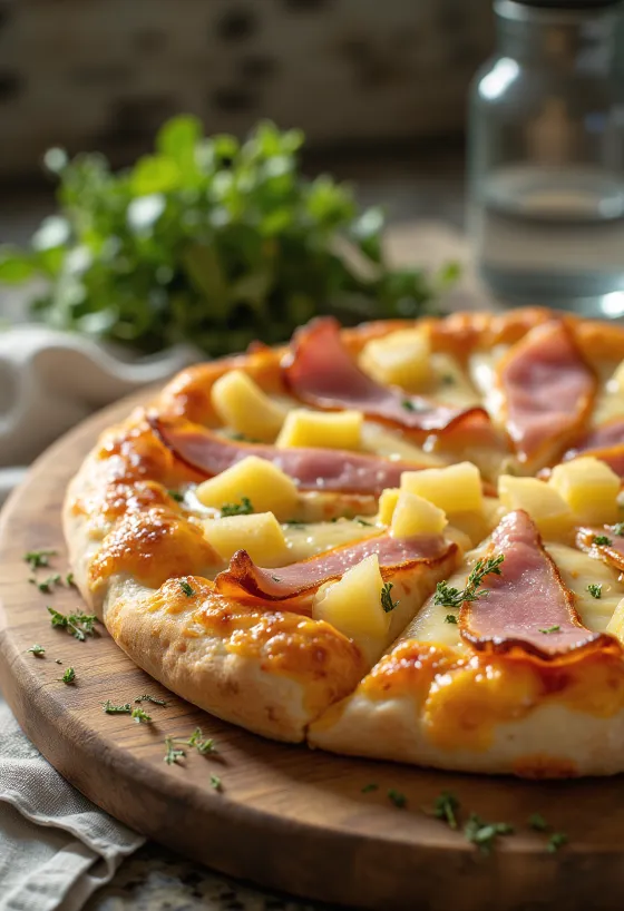 Füstölt sonkás Hawaii pizza tálalva