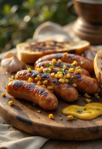 Grill kolbász zöldségekkel és kenyérrel tálalva