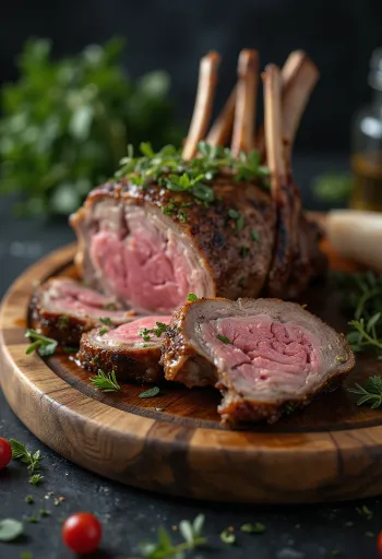Grillezett báránycomb friss zöldfűszerekkel tálalva