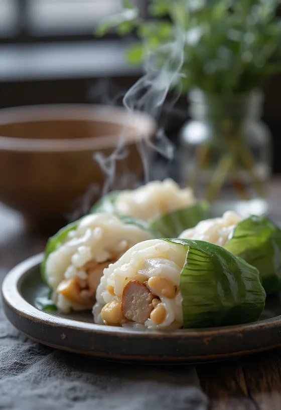 Hagyományos Zongzi, húsos töltelékkel és bambuszlevelekben csomagolva