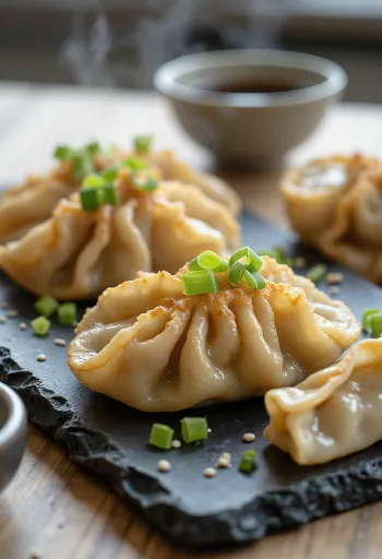 Japán gyoza csirkehúsos töltelékkel, pirított aljú tésztában, szójaszószos mártogatóval