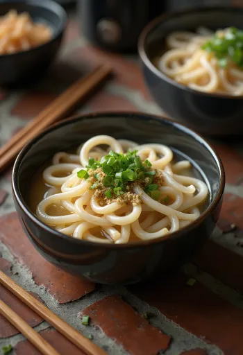 Kishimen udon tálban tálalt lapos udon tészta gazdag dashi alaplében, friss zöldhagymával és szezámmaggal díszítve