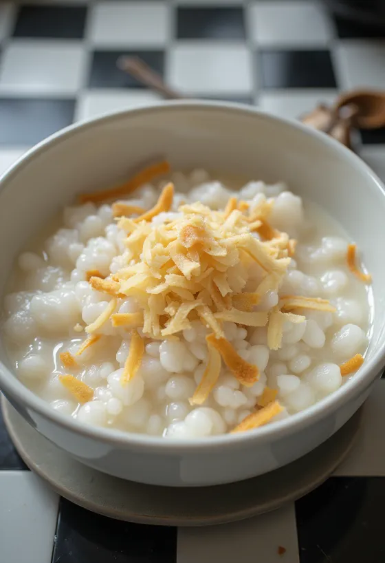 Kókuszos Congee, friss kókuszreszelékkel és zöldhagymával