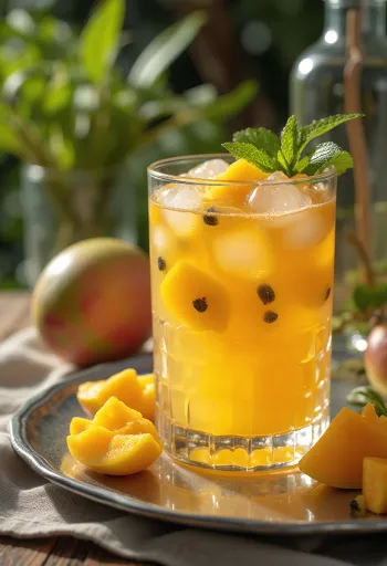 Mangós-passiógyümölcsös cider frissen tálalva