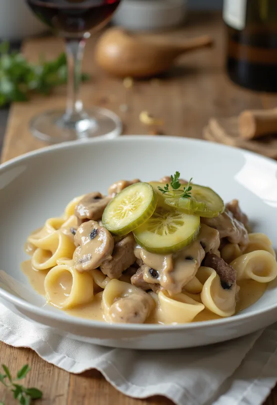 Marhahús stroganoff tálalva