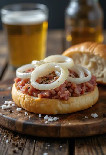 Mettbrötchen tálalva friss hagymával