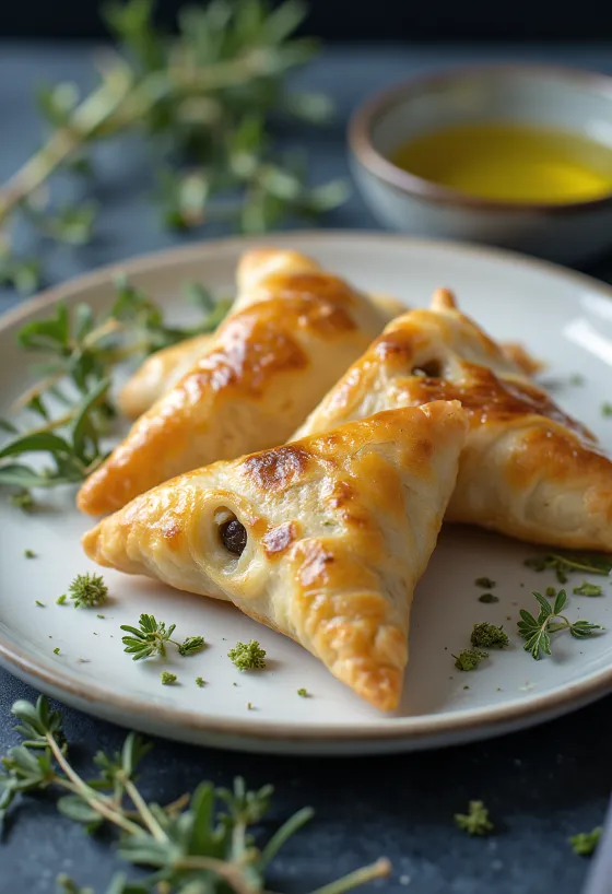 Olívabogyós és fokhagymás samosa tálalva
