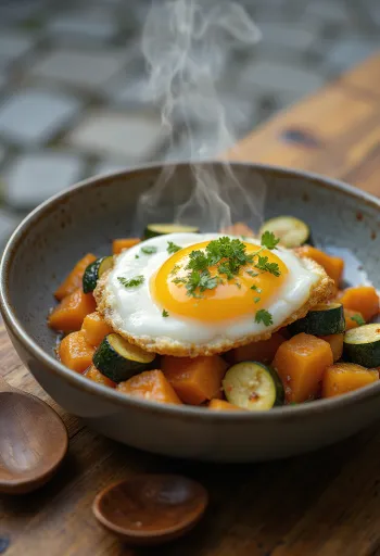 Onsen Tamago sült zöldségekkel, lágy tojással és friss korianderrel tálalva