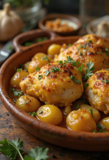 Pollo al Ajillo, spanyol fokhagymás csirke fehérboros szósszal tálalva