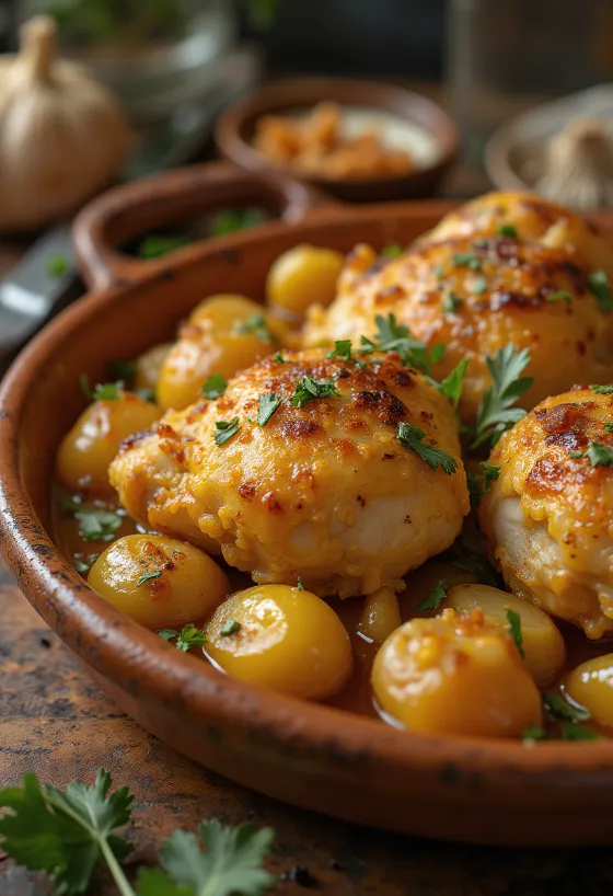 Pollo al Ajillo, spanyol fokhagymás csirke fehérboros szósszal tálalva