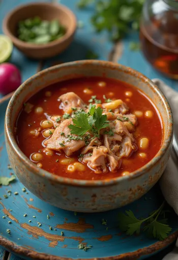 Pozole tálalva lime-mal, korianderrel és friss zöldhagymával