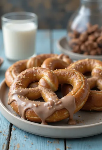 Pretzel tejcsokoládéval tálalva, gazdag csokoládéba mártva, kívül ropogós és belül puha.