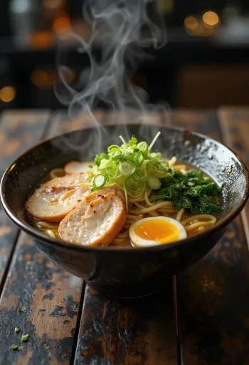 Ramen sült pulykahússal, tojással és friss zöldségekkel tálalva