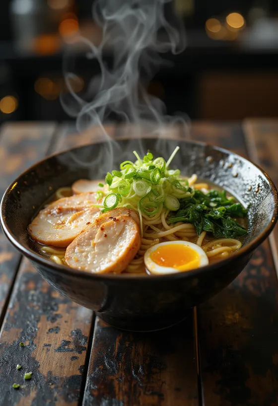 Ramen sült pulykahússal, tojással és friss zöldségekkel tálalva