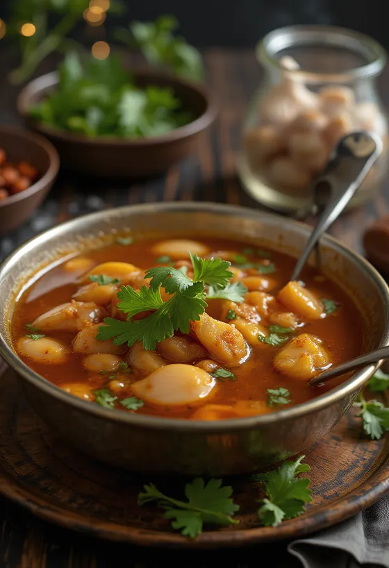 Rasam fokhagymával tálalva friss cilantroval