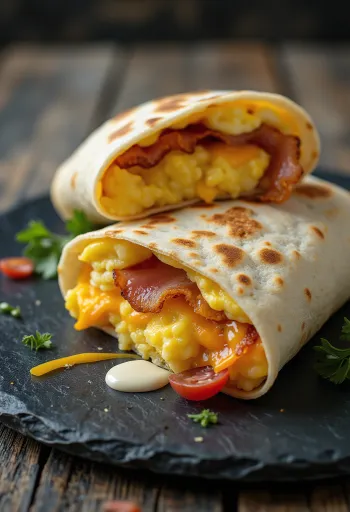 Reggeli wrap tojással, baconnel, salátával és sajttal, tortilla lapba tekerve, átlósan félbevágva