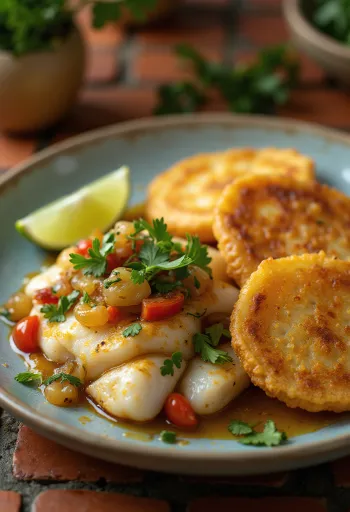 Saltfish sült banánnal, tálalva zöldségekkel és korianderrel díszítve