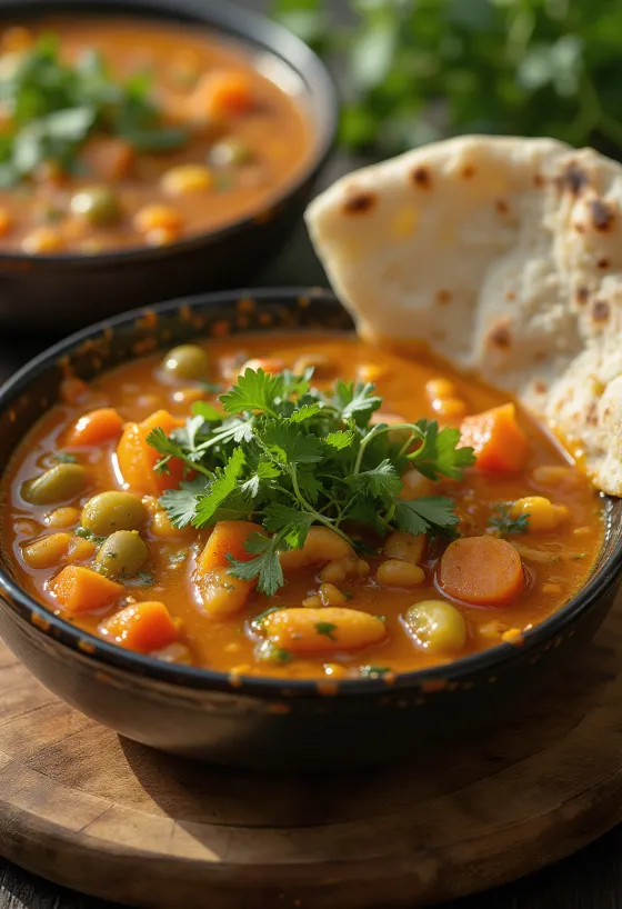 Sambar korianderrel, friss korianderrel díszítve, tálalva
