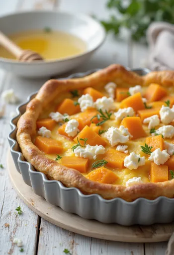 Sült édesburgonyás és kecskesajtos quiche frissen sütve