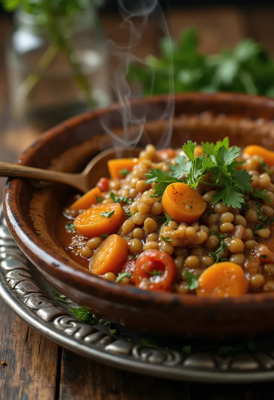 Klasszikus tagine lencsével, gazdag fűszerekkel tálalva, friss korianderrel