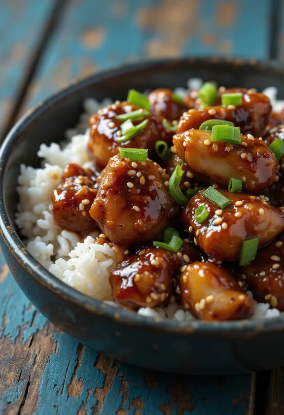 Teriyaki csirke szezámmaggal és zöldhagymával tálalva