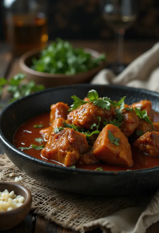 Vindaloo kacsával, fűszeres szószban tálalva